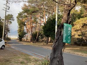 un cartello stradale su un albero accanto a una strada di 森のハイジ ad Azumino