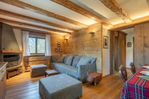 a living room with a blue couch and a fireplace at Chalet Capriol by My Villa Collection in Cortina dʼAmpezzo