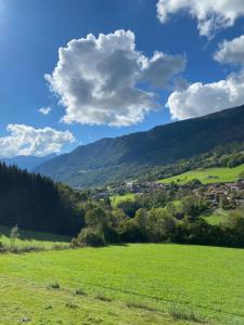 een groen veld met een dorp in de verte bij Chalet la Cabane d'Ernestine, petit-déjeuner inclus in Les Villards-sur-Thônes
