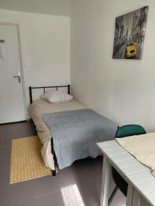 une chambre avec un lit, une table et un bureau dans l'établissement Les appartements du Lion de Belfort, à Belfort