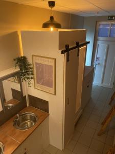 een badkamer met een wastafel en een spiegel bij Urban Capsule in Dresden