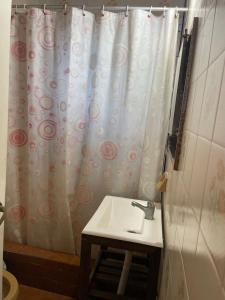 a bathroom with a sink and a shower curtain at Teresita6 in Santa Teresita