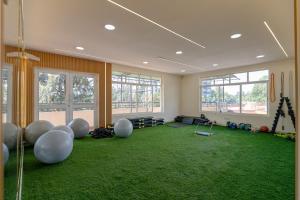 a living room with a large room with green carpet at Royal Homes in Nairobi