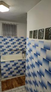 a bathroom with blue and white tiled walls and a tub at Chalupa u Jizery in Rokytnice nad Jizerou