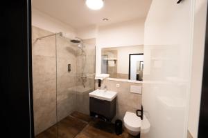 a bathroom with a shower and a sink and a toilet at PEN Smart Hotel in Türkheim