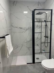a bathroom with a glass shower with a toilet at Alojamiento Baeza - Chicharro in Baeza +22 photos