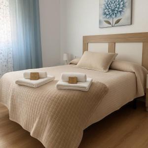 ein Schlafzimmer mit einem Bett, auf dem zwei Handtücher liegen in der Unterkunft Alojamiento Baeza-El Limonero B in Baeza