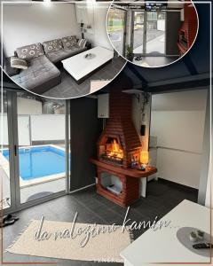 a collage of photos of a living room with a fireplace at Venero - Apartmani in Dubrave Gornje +51 photos