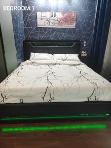 een slaapkamer met een bed met groene verlichting bij FARISHTAs house two bedroom apartment in Corsico