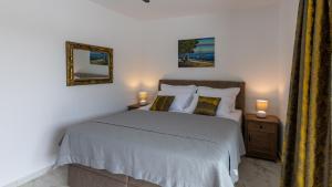 a bedroom with a bed with two lamps and a mirror at Villa Juma by Villas Guide in Blace +32 photos
