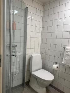 a bathroom with a toilet and a glass shower at Central in Vika in Oslo