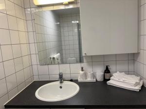 a bathroom counter with a sink and a mirror at Central in Vika in Oslo +12 photos