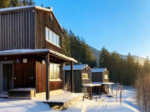 een rij huisjes in de sneeuw met bomen bij Hüttendorf Präbichl in Vordernberg