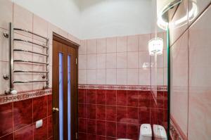 リヴィウにあるLEOGRAND Apartments on Kniazia Romana 26の赤いタイルのバスルーム(シャワー、トイレ付)