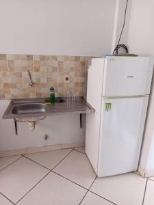サン・ロレンソにあるEdificio Santa Anaのシンクと白い冷蔵庫のあるキッチン