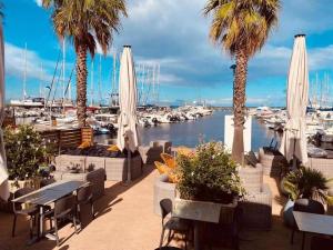 a patio with tables and palm trees and a marina at Maison en corse in Santa-Maria-Poggio