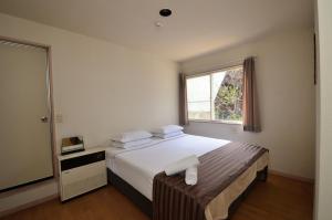 a bedroom with a large bed and a window at Hakuba Haven Lodge in Hakuba
