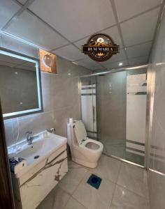 une salle de bain avec toilettes, lavabo et baignoire dans l'établissement RUM MAREA lUXURY CAMP, à Wadi Rum