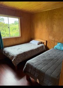 two beds in a small room with a window at Cabaña coñico in Coñico