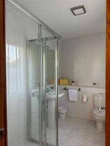 ein Badezimmer mit Dusche, Toilette und Waschbecken in der Unterkunft Apartagal-A Corredoira in Foz