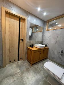 a bathroom with a toilet and a sink at SPOKO Chatka in Rypin