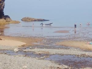 un gruppo di persone su una spiaggia con una barca di Dol Llan - Hw7569 a Llangrannog