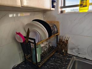 - un comptoir de cuisine avec un séchoir à vaisselle à côté d'un évier dans l'établissement Flo Steve Stays, à Nairobi