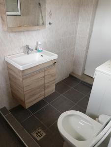 a bathroom with a sink and a toilet at ainos cottage in Kambitsáta +27 photos