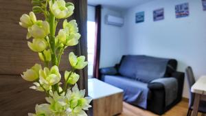eine Vase mit Blumen in einem Wohnzimmer mit Sofa in der Unterkunft Apartalux Gold Oasis in Mojácar