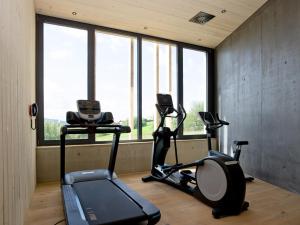 een fitnessruimte met 2 hometrainers in een kamer met ramen bij Euler Neuschönau - Naturhotel & Chalets in Neuschönau