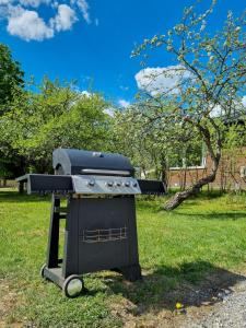 a grill sitting in a field in the grass at A little home in Lahti