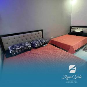 twee bedden in een kamer met twee kussens erop bij RXS SkyPod #3 Suite Condotel - Roxas City in Roxas City