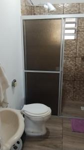 een badkamer met toilet, douche en wastafel bij Casa quadra mar in Arroio do Silva