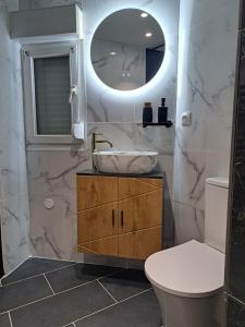 un bagno con lavandino, WC e specchio di La suite d'Isa a Lens