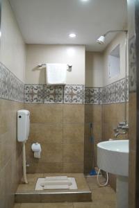 a bathroom with a sink and a shower and a toilet at Hotel Shanze Palace in Lahore