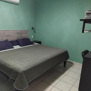 una camera da letto con un grande letto con cuscini viola di Hotel Santa Lucia a Jalpan de Serra