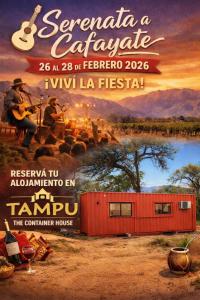 een poster voor een wagon achteraan met een rode treinwagon bij Tampu, the Container House in Cafayate