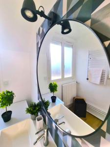 ein Badezimmer mit Spiegel und Waschbecken in der Unterkunft Emeraude du centre Elbeuf Confort et Elegance in Elbeuf