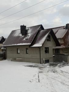a house with snow on the roof of it at Apartament u Bacy in Nowy Targ