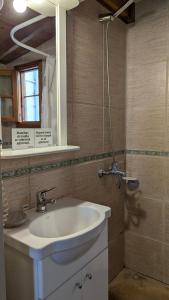 a bathroom with a sink and a mirror at Cabañas Willy in El Bolsón +17 photos
