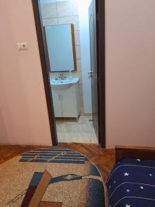 a bathroom with a sink and a mirror and a rug at Cazare Craiova Părului 11 in Craiova