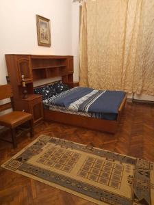 a bedroom with a bed and a chair and a rug at Cazare Craiova Părului 11 in Craiova
