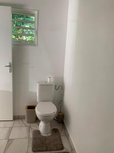 a white bathroom with a toilet and a window at Brada Gites2 in Deshaies