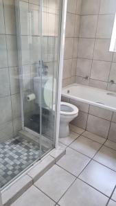 un bagno con wc e doccia in vetro di Riley's Place a Cape Town