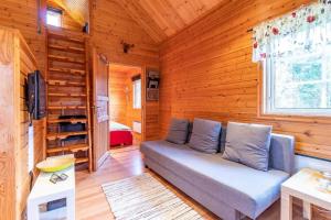 un soggiorno con divano in una cabina di legno di KRO893-Hallaryd-Kalvshult-Vaestergard-42 a Kalvshult
