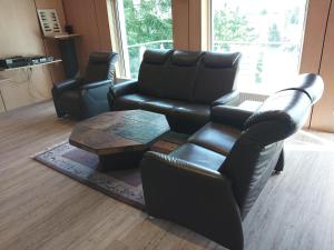 a living room with a leather couch and a table at Wohnung in Waldnähe in Waltershausen