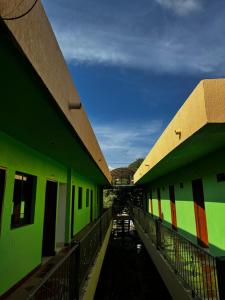 a hallway of a building with green and colorful walls at Hotel La Mata in La Mata