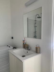 a white bathroom with a sink and a mirror at BRADA gites in Deshaies