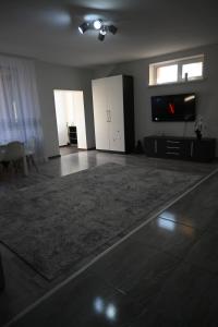 een lege woonkamer met een groot tapijt op de vloer bij Bright and cozy apartment nr. 1 in Chişinău
