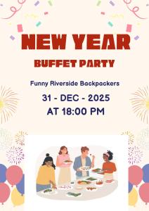 Een uitnodiging voor een nieuwjaarsbuffet met een groep mensen die aan een tafel zitten te eten. bij Funny Riverside Backpackers in Luang Prabang